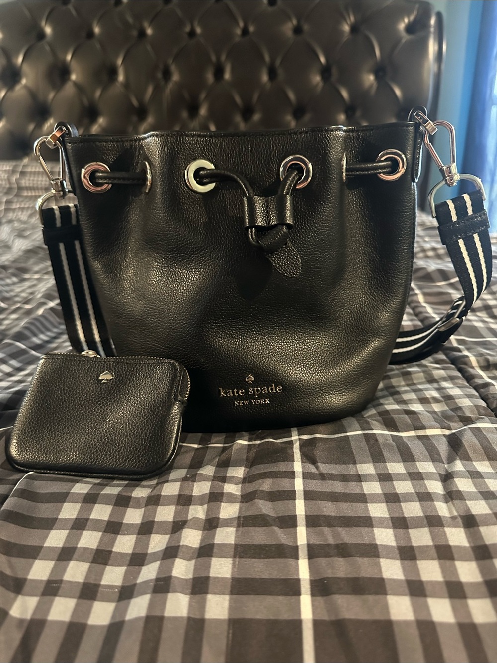 kate spade Black Pebbled Leather Drawstring Bucket Bag with Striped Strap